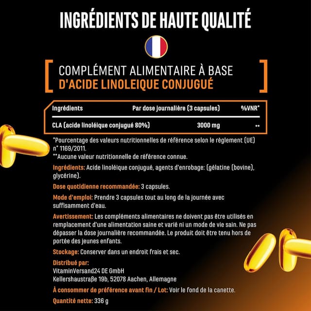 Detalle de CLA 240 gélules 1000 mg (3000 mg/jour) – Acide Linoléique Conjugué pur – German Elite Nutrition