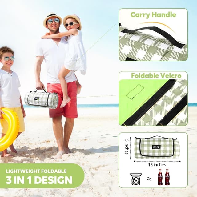 Detalle 2 de ZAZE Extra Large Picnic Outdoor Blanket (80''x80'') Waterproof Gingham Foldable Mat