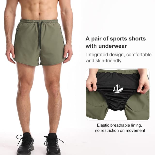 Detalle de Suwangi Uomo pantaloncini da running 2 in 1, rapida asciugatura e tasca interna con zip