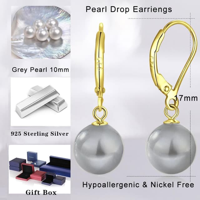 Detalle 2 de jiamiaoi Perlenohrringe aus 925 Sterling Silber mit hängenden Perlen (8–10 mm)