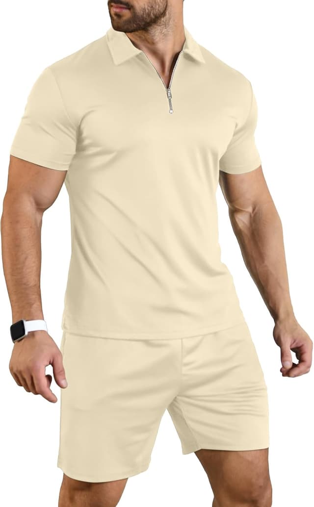 Detalle de KUYIGO Herren Sommer-Poloshirt & Shorts 2-teiliges Set aus Polyester/Spandex