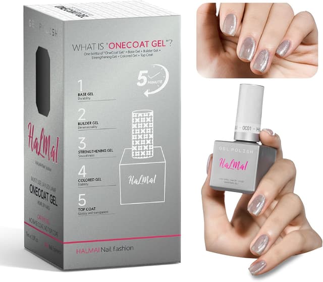 Detalle de Kit gel HALMAI OneCoat Cat Eye argenté avec aimant 5 en 1 (base, couleur, builder, renfort, top coat)