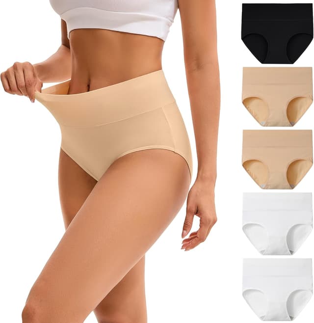 Detalle de INNERSY 5er-Pack Damen-Slips aus Baumwolle mit Stretch, hohe Taille (weich & alltagstauglich)