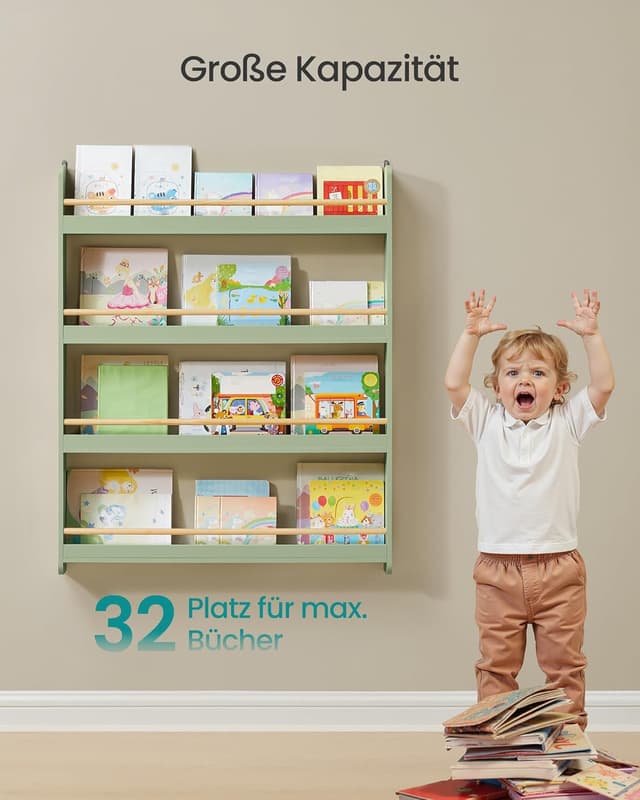 Detalle de SONGMICS Kinder-Bücherregal GKR014CE02 mit 4 Ebenen (wandmontiert) – lorbeergrün/natur
