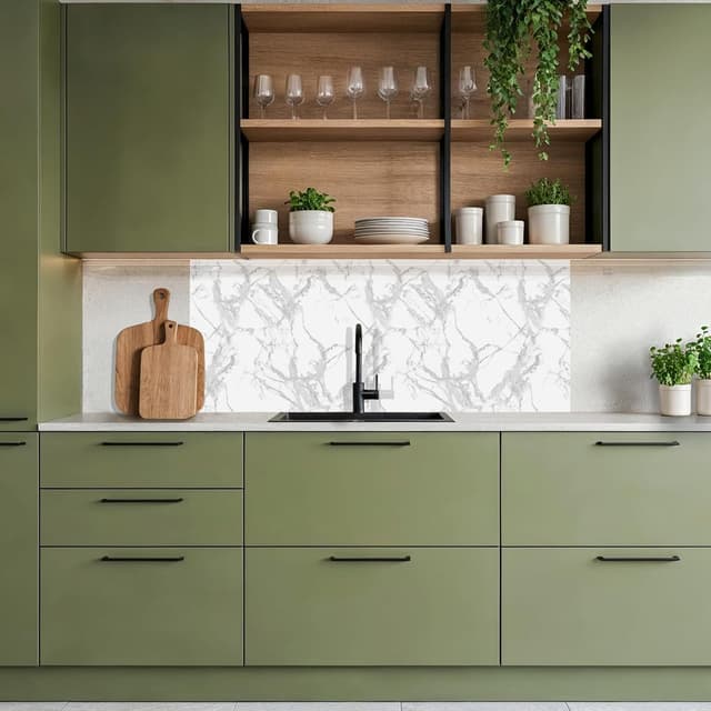 Detalle de KitchenYeah© Spritzschutz Küche 60x150 cm – selbstklebende Küchenrückwand im Marmor-Look, grau mit Adern