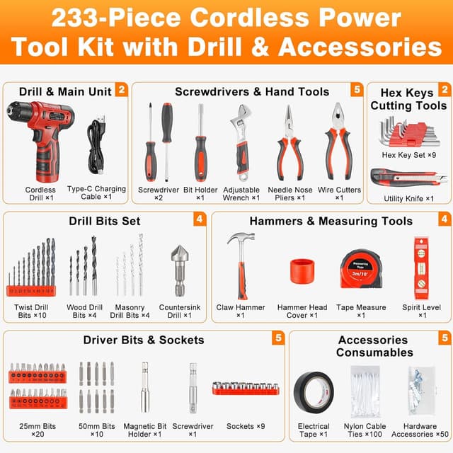 Thumbnail 1 de Set utensili 233 pezzi con trapano a batteria