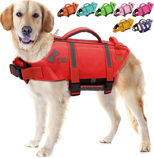 Detalle de EMUST Adjustable Dog Swim Vest (XL, NewRed) with Rescue Handle and Reflective Strips