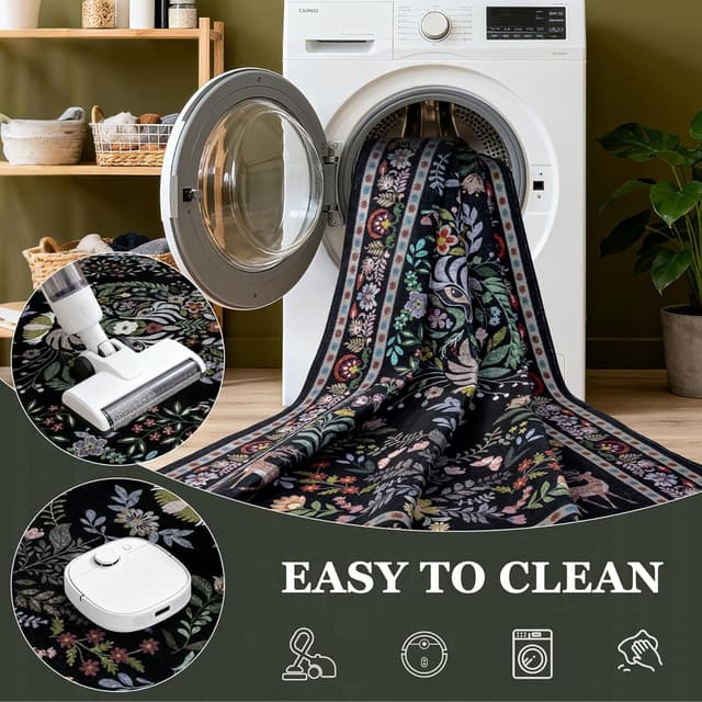 Detalle 2 de 9x12 Area Rugs Living Room Rug (Vintage Washable, Floral Animal Print) Non-Slip, Low Pile, Stain Resistant