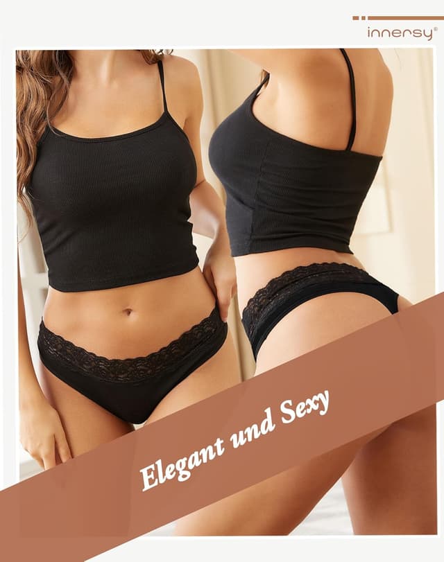 Detalle de INNERSY 6er Pack String Tanga Damen mit Spitze aus Stretch-Baumwolle (Hipster)