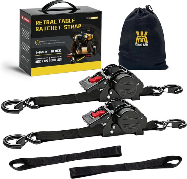 Detalle de Retractable Ratchet Straps (2-Pack) 1 in x 11.5 ft, 1,800 lb break strength—Orange tie-downs for trucks and motorcycles