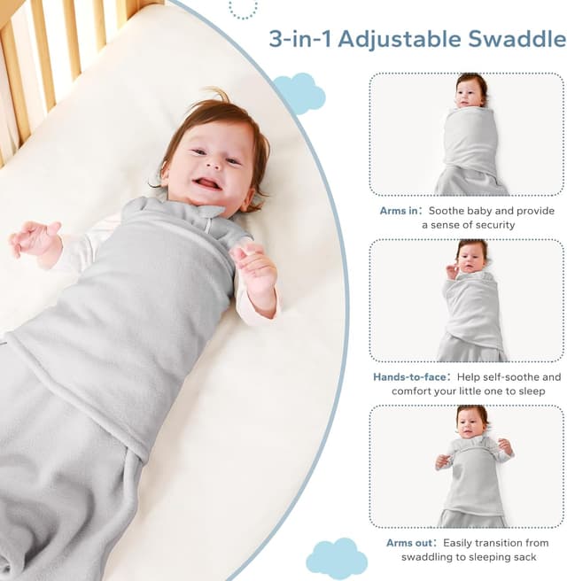 Detalle de ZIGJOY Baby Swaddle Sleeping Bag 1.5 Tog (Grey) – Adjustable 6–12 Months Fleece Wrap