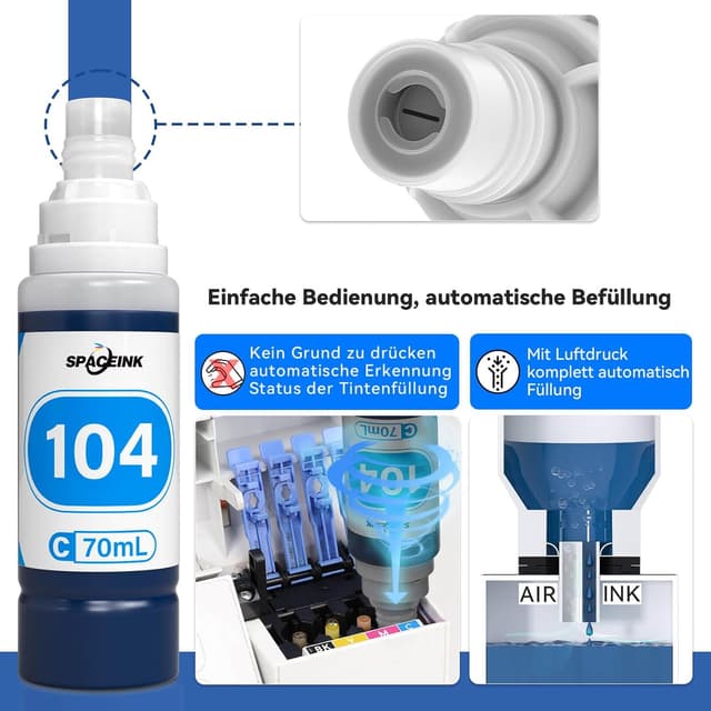 Detalle de Tinte 104 Multipack 2 Sätze kompatibel für Epson 104 (für ET‑2820/ET‑4800 u. a.): 2x Schwarz, 2x Cyan, 2x Magenta, 2x Gelb