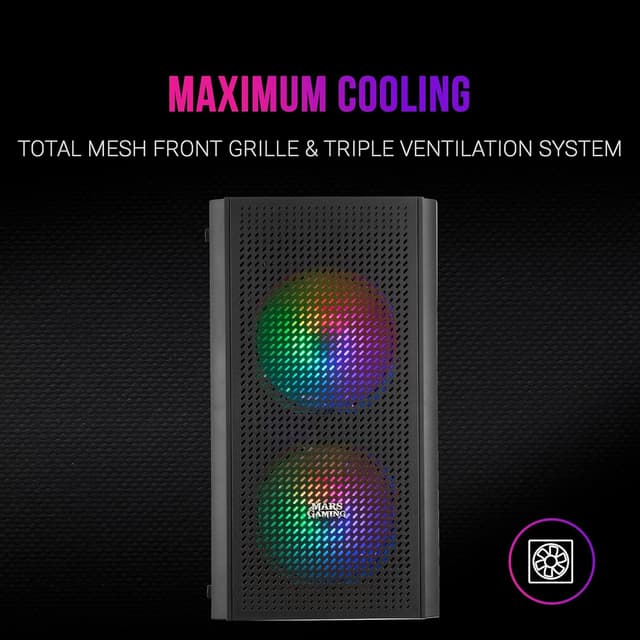 Detalle de Mars Gaming MC300W (Micro ATX) con vetro temperato e 3 ventole FRGB, frontale mesh nero