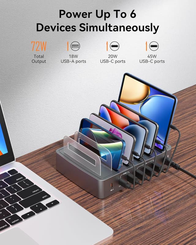 Detalle 2 de RENGOGA Estación de Carga USB C 72W 6 Puertos