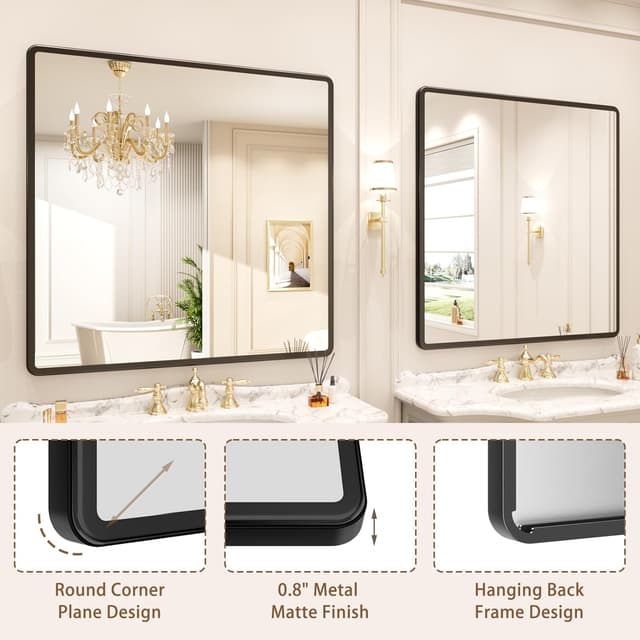 Detalle de pertetey 36x36 Inch Black Metal Frame Bathroom Mirror (Tempered Glass, Wall Mounted)
