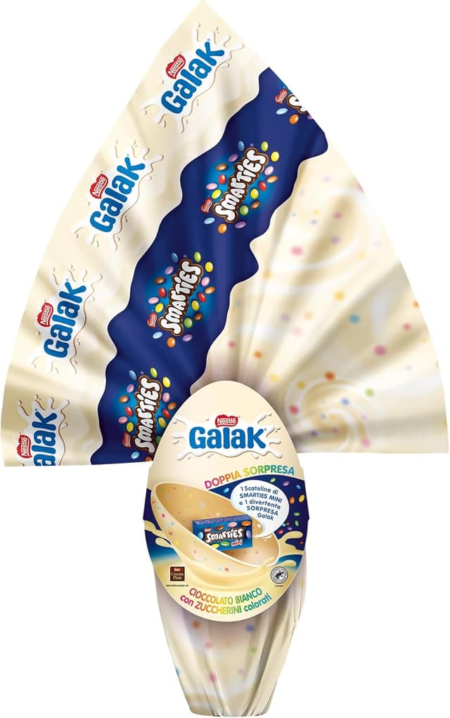 Detalle 2 de GALAK Uovo di Pasqua 2026 al Cioccolato Bianco con sorpresa e Mini SMARTIES 240g