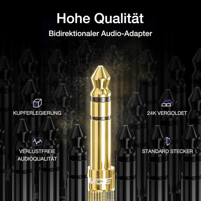 Detalle de VCE HQ Audio Klinken-Adapter 6,35 mm auf 3,5 mm Stereo (vergoldet, Metallgehäuse) – 2 Stück