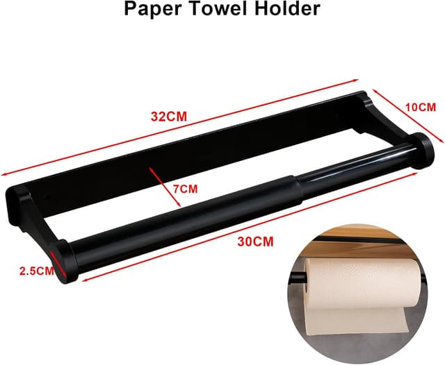Detalle de MONEER Aluminum Alloy Under-Cabinet Paper Towel Holder (Black) — Self-Adhesive or Screw Mount