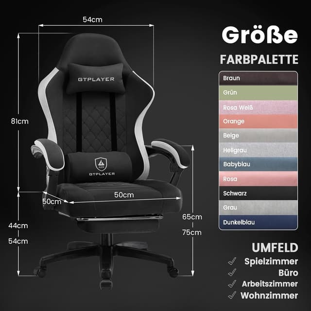 Detalle de GTPLAYER Gaming Stuhl mit Stoffbezug, verstellbaren Armlehnen und Fußstütze (bis 150 kg) – dunkelschwarz