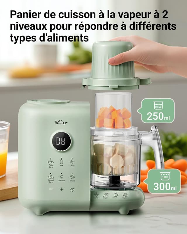 Detalle de Bear Robot Cuiseur Mixeur Bébé avec panier vapeur 500 ml (sans BPA) : cuisson à la vapeur, mixage et désinfection
