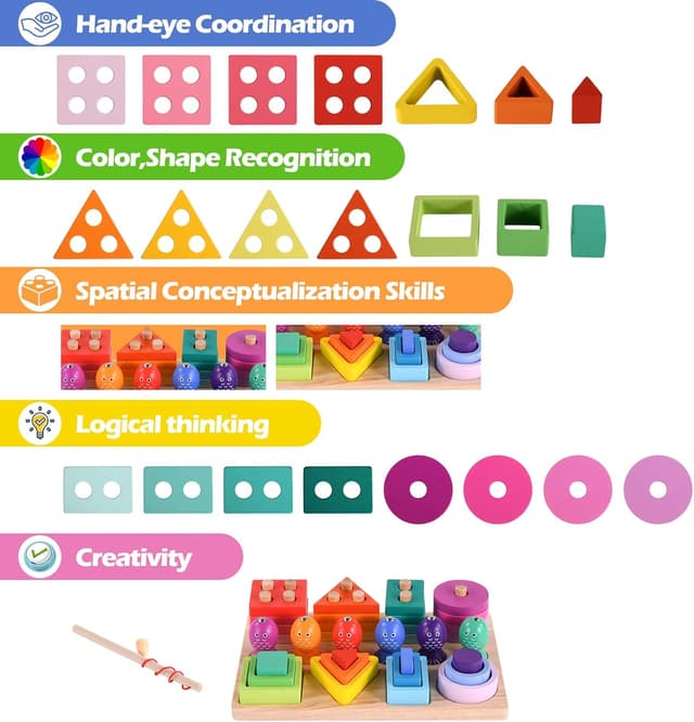 Detalle 2 de Hoiloie Montessori-Spielzeug ab 1 Jahr (3-in-1) aus Holz: Farb- & Formsortierer, Stapelspiel und Angelspiel mit 28 Klötzen