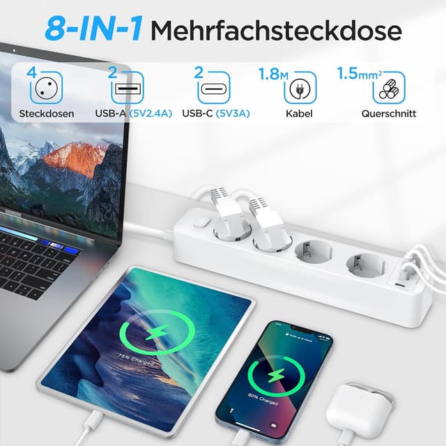 Detalle 2 de Steckdosenleiste 4 USB 4000W Mehrfachsteckdose