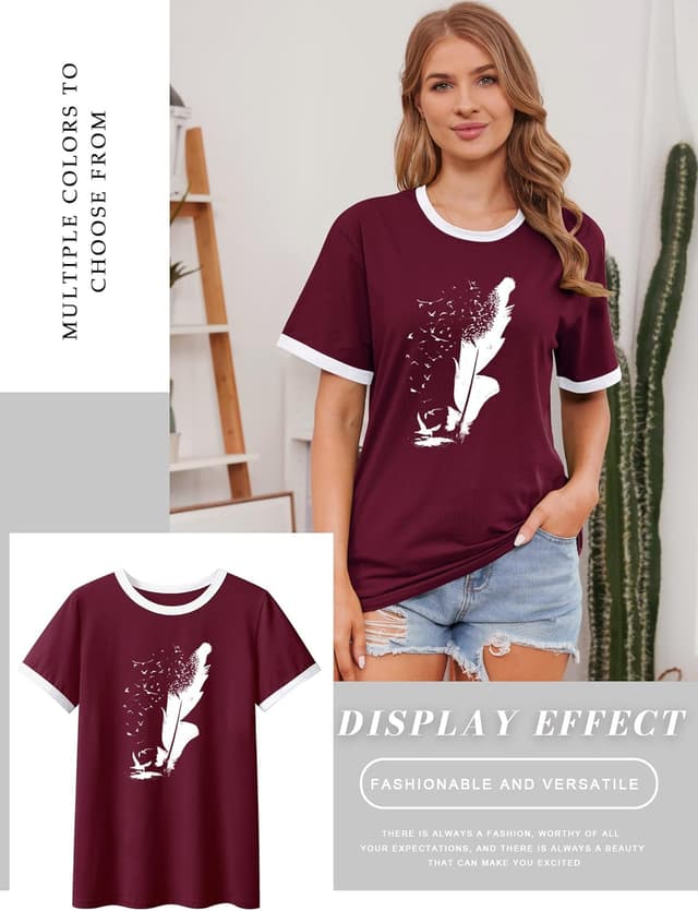 Detalle 2 de Dresswel Women Peace Dove Feather Graphic Print T-Shirt (Crew Neck, Short Sleeve)