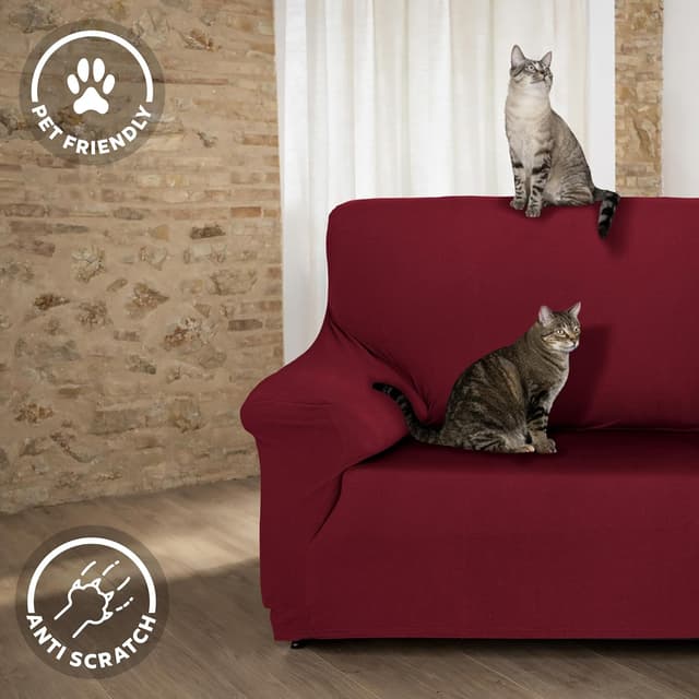 Detalle de Textilhome Copridivano 2 posti con braccioli rosso, fodera elasticizzata antigraffio per gatti (130–180 cm)