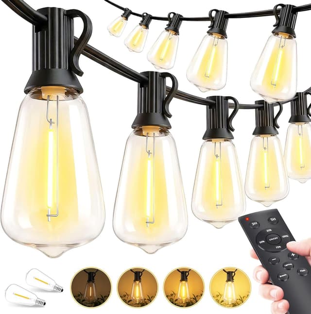 Detalle de Outdoor Lights String Patio Outside (100ft) LED Waterproof ST38 Shatterproof Edison Bulbs with Remote, Dimmable