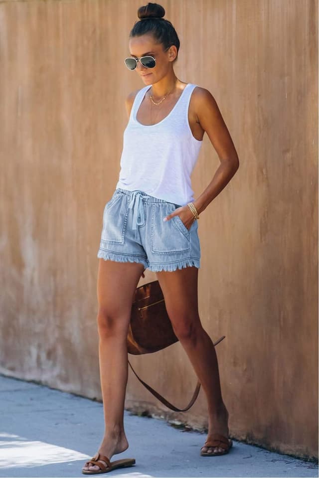 Detalle de HVEPUO Damen Baumwoll-Leinen Shorts mit Gummibund & Kordel – weite Hotpants für Sommer