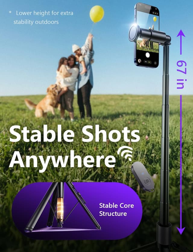 Detalle 2 de LISEN 67" Phone Tripod for iPhone & Android with Self-Deploying Selfie Stick, Remote, and 1/4-20 Thread