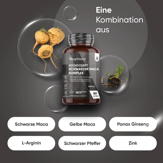 Detalle de WeightWorld Maca Kapseln – 5550 mg pro Kapsel (180 Kapseln) mit Schwarzer & Gelber Maca, Panax Ginseng, L-Arginin, Zink