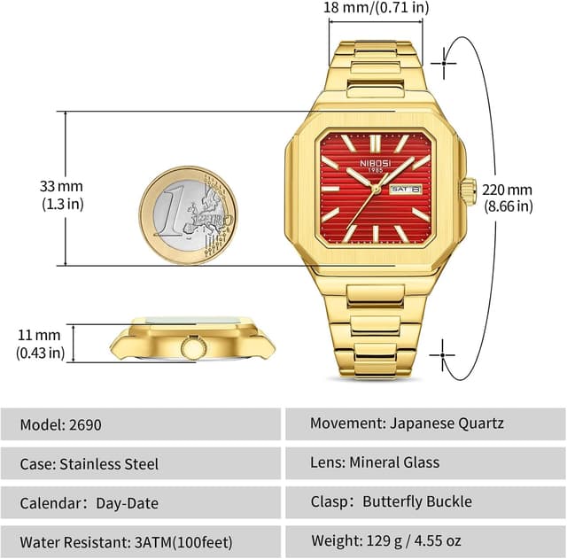 Detalle de NIBOSI orologio da uomo analogico al quarzo in acciaio inox quadrato, impermeabile 3ATM