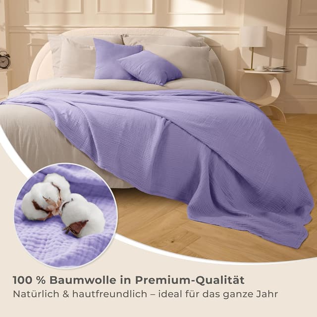 Detalle 2 de LAYNENBURG Premium Musselin Tagesdecke 150x200 cm aus 100% Baumwolle (Lavendel)