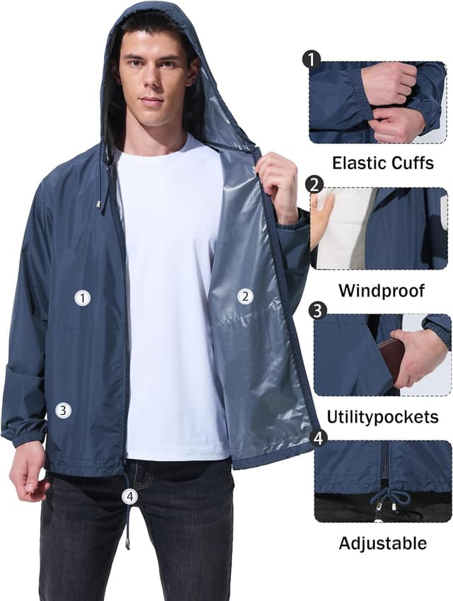 Detalle de UIQUR Men’s Packable Rain Jacket Raincoat Windbreaker with Adjustable Hood