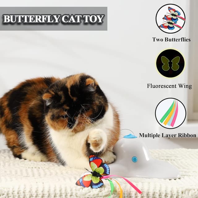 Detalle de Vealind interactive smart cat feather toy with 360° rotating butterfly (cream white) for indoor play