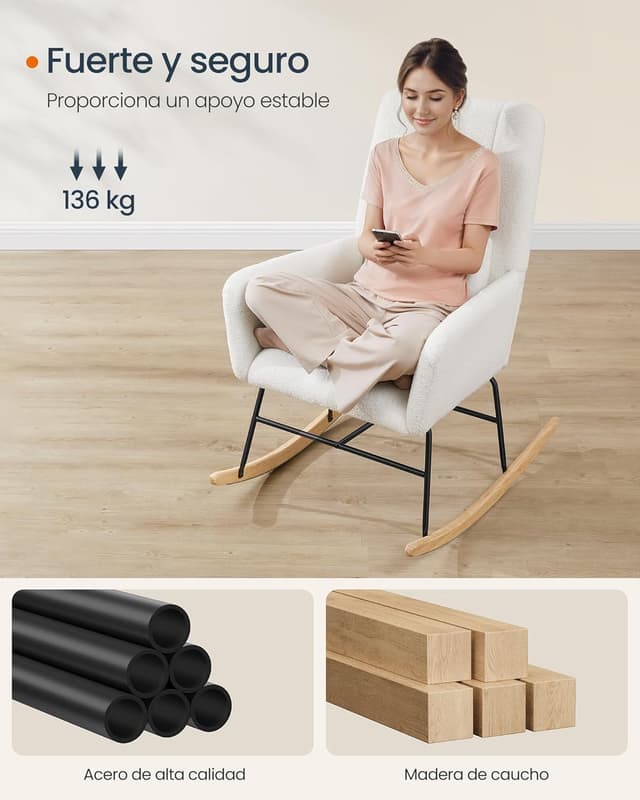 Thumbnail 4 de SONGMICS HOME Silla Mecedora blanca crema 160 kg