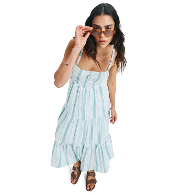 Detalle de Roxy Sunshine Coastline Stripe: vestido de mujer de tirantes y falda vaporosa