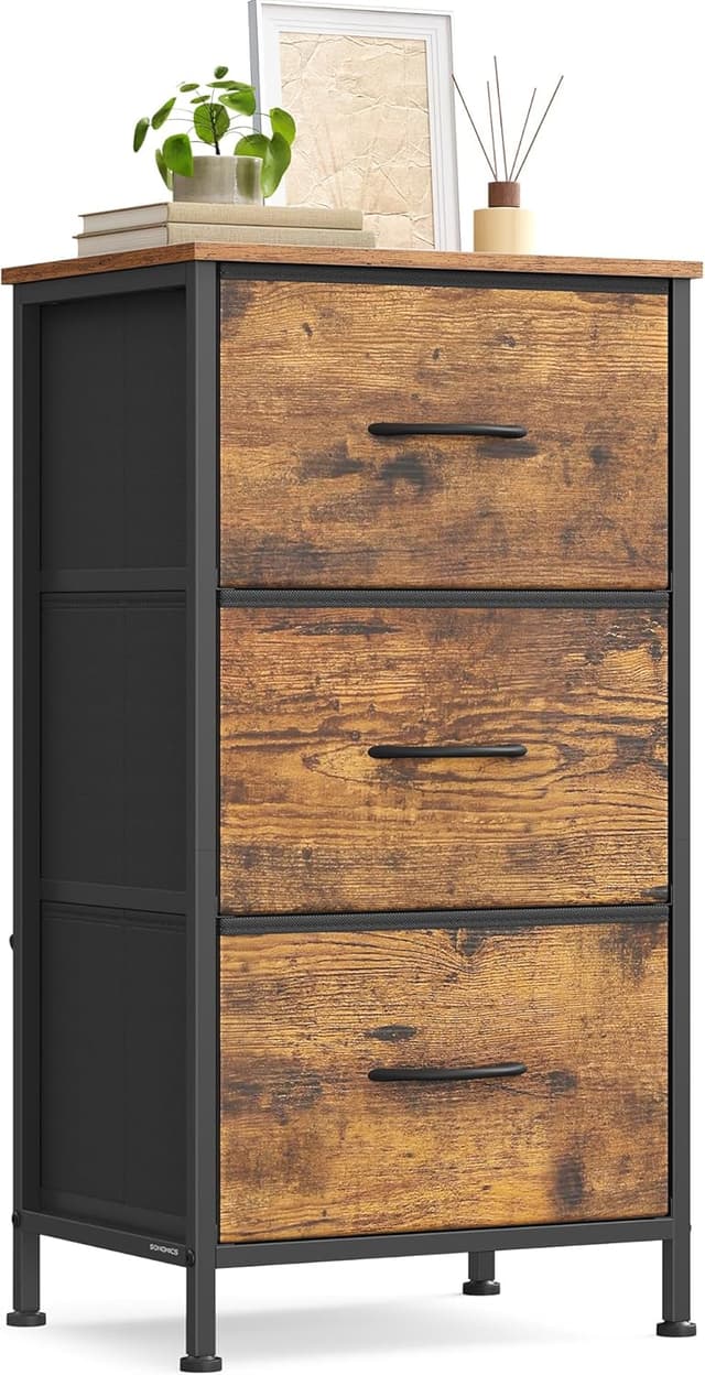 Detalle de SONGMICS BELLAH LGS313BH03 cassettiera industriale con 3 cassetti in acciaio e tessuto, marrone vintage/nero