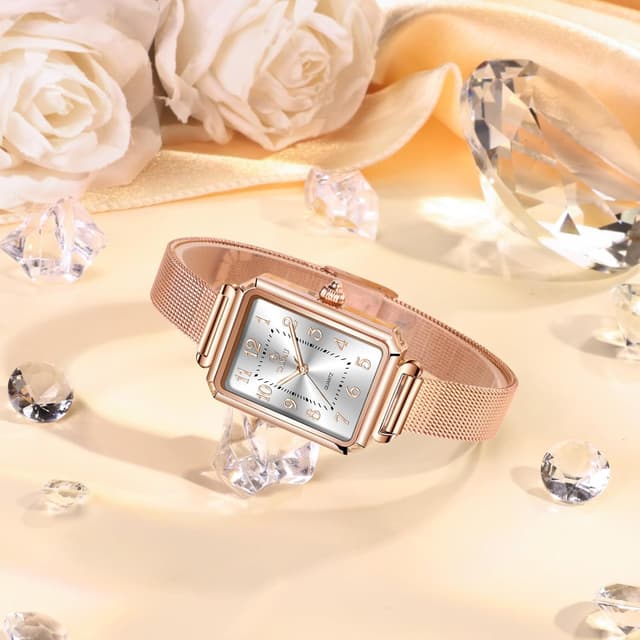 Detalle 2 de Taxau Damenuhr eckig mit Edelstahl-Mesh-Armband, rechteckiges Quarz-Uhrwerk (roségold, wasserdicht)