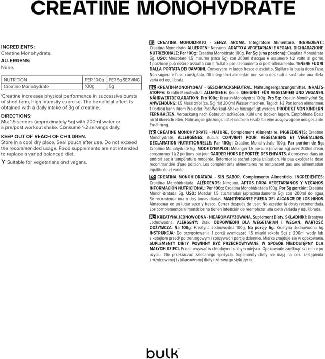 Thumbnail 3 de Bulk Creatina Monohidrato Polvo 500 g 💪 Sin Sabor, Vegano