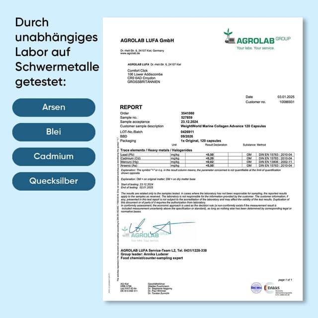 Detalle 2 de Marine Collagen Advanced – 1200 mg hydrolysierte Fischkollagen-Peptide Typ I & III (120 Kapseln) von WeightWorld