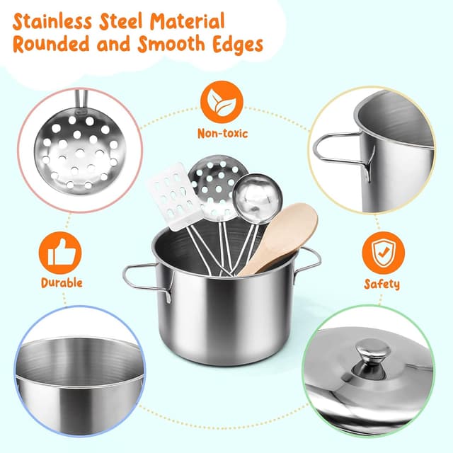 Detalle 1 de 37Items 59Pc Kids Pretend Play Kitchen Accessories Set (Stainless Steel Pots & Pans)