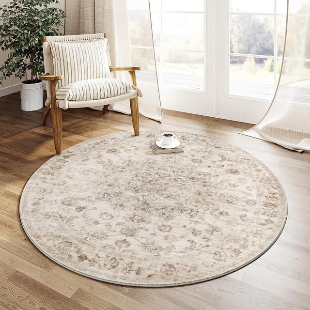 Detalle de HUGEAR Vintage Beige waschbarer runder Teppich (150 cm) – kurzflorig, rutschfest für Wohnzimmer, Schlafzimmer & mehr