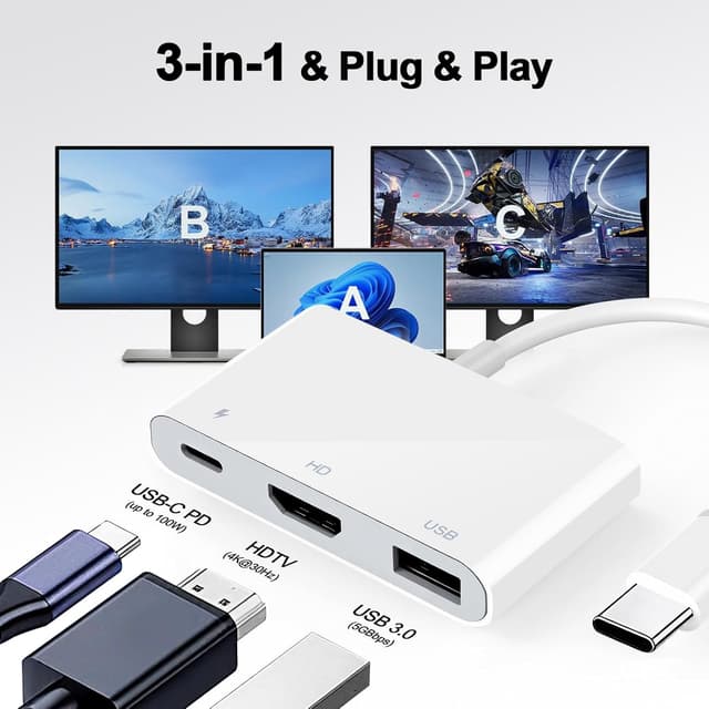 Detalle 1 de APKLVSR MFi-zertifizierter USB-C HDMI Adapter 3-in-1 (4K HDMI, 100-W PD, USB 3.0 Hub) – Plug & Play