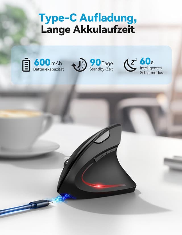 Detalle de TECKNET ergonomische Bluetooth-Maus mit Jiggler & wiederaufladbar – BT 5.0/3.0 + 2,4 GHz, bis 4.800 DPI