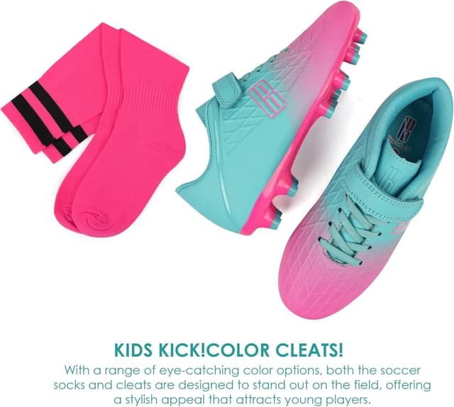 Detalle de brooman Kids Firm Ground Soccer Cleats with Hook-and-Loop Strap Closures and Soccer Socks