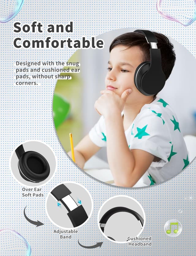 Detalle de Xunpuls Bluetooth Kids Headphones (Bluetooth 5.1, Over-Ear, Foldable) – Black