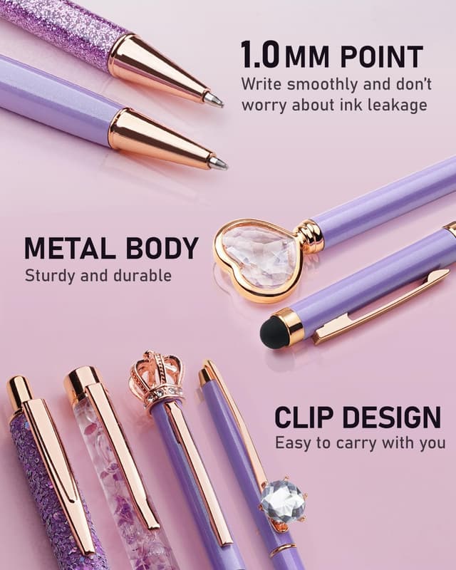 Detalle 2 de WEMATE 8-piece ballpoint pen set (purple) with bling detailing in black & blue ink