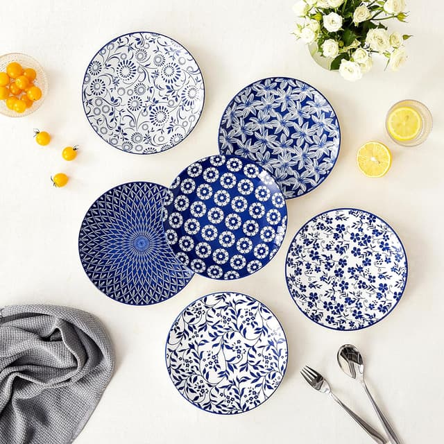 Thumbnail 6 de vancasso SELENE Salatteller 6-teilig (Porzellan), Dessert- und Kuchenteller Ø 21 cm – Blau-Weiß Vintage